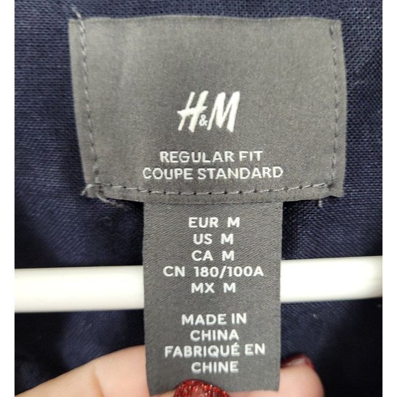 H&M Men's M Long Sleeve Button Up Dark Blue Regular Fit Pocket Front Linen Blend - Picture 2 of 6